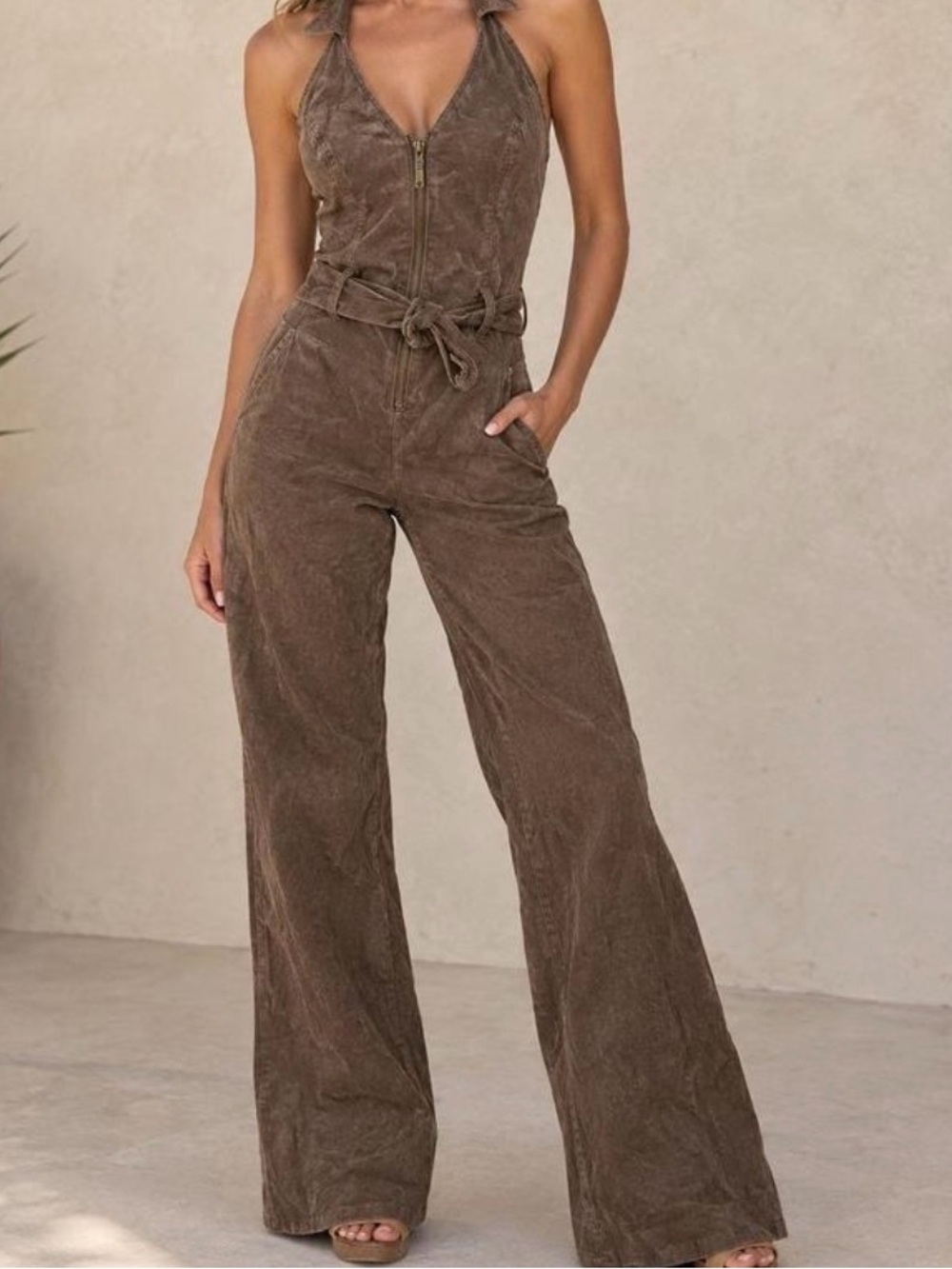 Bisou Bisou Brown Corduroy Halter Jumpsuit with Front Zip